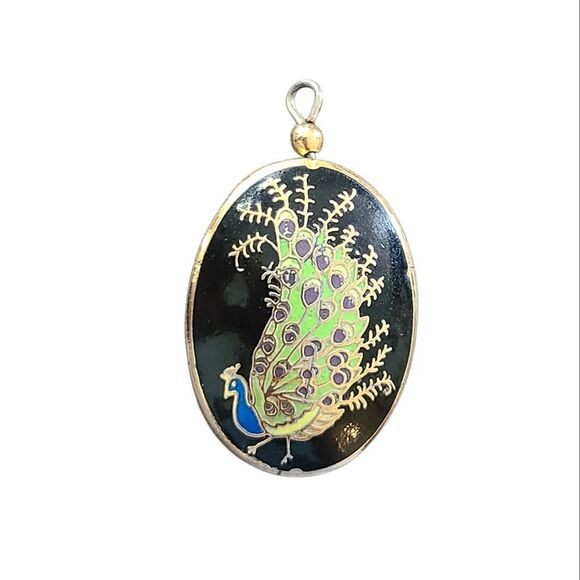 Vintage Jewelry - Peacock Enamel Pendant with Black and Gold Accents